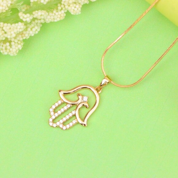 "Rose Gold Hamsa Hand Pendant in Gold Plated Brass with Accents, XPPT1760 - Picture 3 of 13